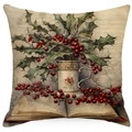 Christmas cushion cover featuring vintage floral tea cup and winter berries on linen - YMD511-2 (Vintage Cup & Holly)