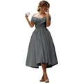 Elegant dark grey off-shoulder satin gown with a cross V-neck and a flared A-line skirt - US size 12 (L) / Bottoms / Gray