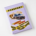 Detailed view of purple rally racing style passport cover with card slots and warning print. - Purple