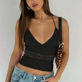 Sexy black Y2K halter top with V-neckline and lace cutout patchwork detailing - XS / Black