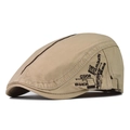 Detail of light khaki twill cotton ivy cap featuring black street fashion embroidery - Adjustable / Khaki
