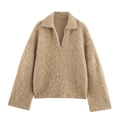 Minimalist light brown polo collar v-neck knit sweater with fuzzy mohair texture - S / Earthy Yellow