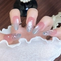 Unghie finte sfumate rosa e grigie con motivo leopardato e dettagli in strass - Versione in Scatola Standard / Sfumato Rosa Grigio Leopardo (BY2185)