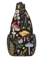 Crossbody-Brusttasche mit buntem Pilz- und Blumenmuster auf schwarzem Stoff - Bunter Pilz C