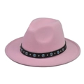 Detail of pink wool felt fedora with black leather band and blue turquoise studs - Pink