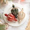 Three vintage red, green, and beige shuttle-shaped Christmas ornaments with gold glitter - Screw Shape 3pcs Set