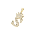 Golden hip hop letter S necklace pendant with crown and shimmering zircon stones - Crown Letter S