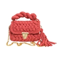 Handmade woven crossbody bag in coral red cotton rope with gold chain and fringe - Coral Red