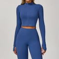 Veste de yoga bleu brume ajustée avec passe-pouces et ensemble de leggings taille haute - 10/M / Hauts / Bleu Minuit