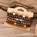 Retro multi-layered wooden beaded bracelet set with cross pendant and turquoise beads - Cross 5-piece Set
