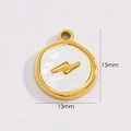 Detail view of 15mm gold lightning shell pendant with specific size dimensions - Round Lightning Pattern