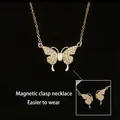 Gold butterfly magnetic clasp necklace with white zircon pavé and slim O-chain - Gold Magnetic Butterfly (LI502)