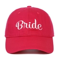 Close-up of white script Bride embroidery on a red cotton baseball cap crown - Bride (BRIDE) / Rose Red
