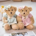 Matching pair of green and pink teddy bears wearing lace dresses and bows in home setting - 30cm Pair / Green and Pink Plaid Skirt