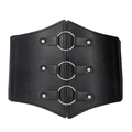 Women's black vintage wide elastic waist belt with silver metal rings and rivets - Round Ring Style
