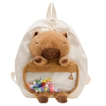 Mochila escolar de lona crema con lindo peluche de carpincho y pompones de colores - Blanco