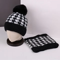 Ensemble d'hiver en peluche avec bonnet en tricot pied-de-poule noir et blanc et tour de cou - Ensemble bonnet et écharpe en tricot pied-de-poule noir et blanc