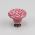 Pink ceramic cabinet knob with floral relief and antique bronze base for drawers - High Base / Garnet Red