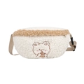 Cute beige plush waist bag with bear embroidery and adjustable strap on white background - White