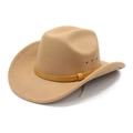 Detail of camel wool fedora featuring yellow crocodile pattern band and metal eyelets - M (56-58cm) / Camel