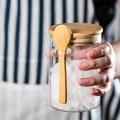 Glass storage jar with bamboo lid and spoon containing white rock sugar crystals - 65*100 (With Bamboo Lid + Wood Spoon)
