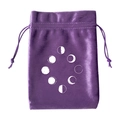 Purple velvet drawstring pouch for tarot cards featuring a white moon phases print - New Moon Phases/Purple