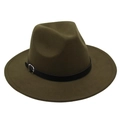 Detailed view of an olive green wool fedora hat featuring a black leather belt buckle band - One Size / Army Green