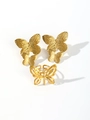 Detailed view of vintage gold butterfly jewelry set including stud earrings and ring - Butterfly Jewelry Set (JR012) / Gold