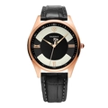 Yazole quartz men's watch with rose gold case and black leather strap with white stitching - Black Dial Black Strap