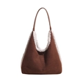 Braune Shopper-Tasche aus Wildleder-Imitat mit weißem Plüschrand und Gurt - Braun
