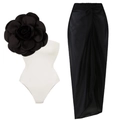 Three-piece beach set featuring a white bodysuit, black satin sarong and large 3D flower - S / White Base Black Flower Set