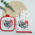 White Valentine's Day oven mitt and pot holder set with red hearts and black lettering - Valentine 2 (Happy Valentine)