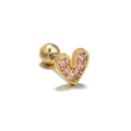 Golden heart screw back stud earring with tiny inlaid pink cubic zirconia stones - Heart / Pink