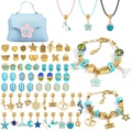 DIY kids charm bracelet jewelry kit with blue storage case and colorful beads and pendants - Gold Blue