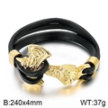 Men's double-layer black leather bracelet with golden viking anchor clasp 240mm long - Golden Axe Clasp Style (KB79229-BD)