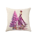 Pink linen Christmas pillow cover featuring a lady and gift boxes under a purple tree - Lady in Purple Gown (2307-20)