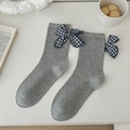 Grey cotton mid-calf socks featuring a blue plaid bow for a sweet JK preppy style look - One Size / Light Gray