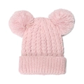 Kids warm pink cable knit hat with two fluffy faux fur pom poms and ribbed cuff - Pink