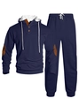 Men's navy waffle knit tracksuit set with brown patches and contrast hood lining - S / Navy Blue