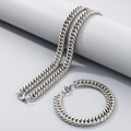 Ensemble collier et bracelet en acier inoxydable argenté avec maillons cubains sur support - 20cm / Bracelet / 9mm / Acier