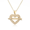 Close-up of gold plated heart MOM pendant with sparkling zircons on a white background - Heart Arrow MAMA Style