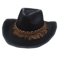 Men's western straw cowboy hat with bohemian fringe band and metal chain detail - One Size(56-58cm) / Black (With Coffee Tassels)