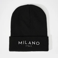 Gorro de punto negro con bordado blanco MILANO ITALY en el borde para el invierno - Negro