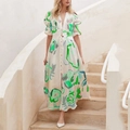 Cream V-neck maxi dress with green floral print, puff sleeves and button-down detail - S / Green