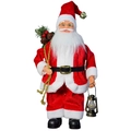 Detail van staande Kerstman met fluwelen pak, vintage lantaarn en tas met dennenappels - Rode Kerstman