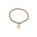 Elegant gold bead and pearl bracelet with a rectangular H letter pendant on white background - Letter H