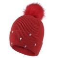 Berretto rosso lavorato a maglia da donna con pompon soffice e decorazione in strass - Regolabile / Rosso