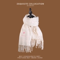 Beige plaid scarf with pink heart embroidery and long tassels for a stylish winter look - Heart Embroidery OVE Tassel Beige