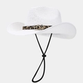 Detail of white straw sun hat featuring leopard print band and golden metal buckle clasp - White