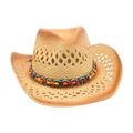 Chapeau de cowboy en paille marron clair avec une bande décorative en perles arc-en-ciel - Khaki 1 (Grandes Perles)